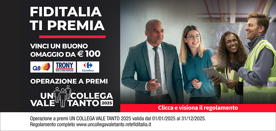 Agenzia Meet di Torkan Biagio Fiditalia | Bari | Fiditalia ti premia - Vinci un buono omaggio da €100. Operazione a premi. Clicca e visiona il regolamento. Operazione a premi UN COLLEGA VALE TANTO 2025 valida dal 01/01/2025 al 31/12/2025. Regolamento completo www.uncollegavaletanto.retefiditalia.it