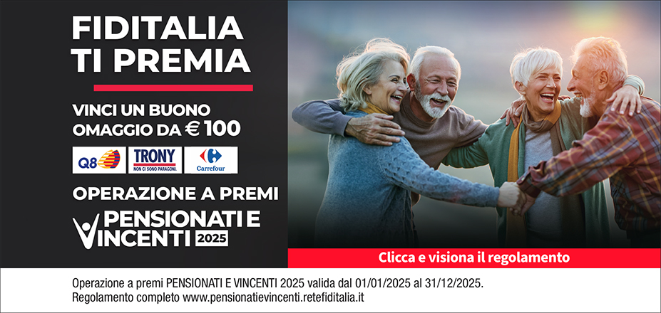 Agenzia Meet di Torkan Biagio Fiditalia | Bari | Fiditalia ti premia - Vicni un omaggio da €100. Operazione a premi. Clicca e visiona il regolamento. Operazione a premi PENSIONATI E VINCENTI 2025 valida dal 01/01/2025 al 31/12/2025. Regolamento completo www.pensionatievincenti.retefiditalia.it
